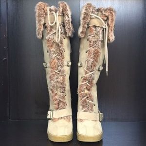 Boots real suede leather faux fur lace up heeled 8